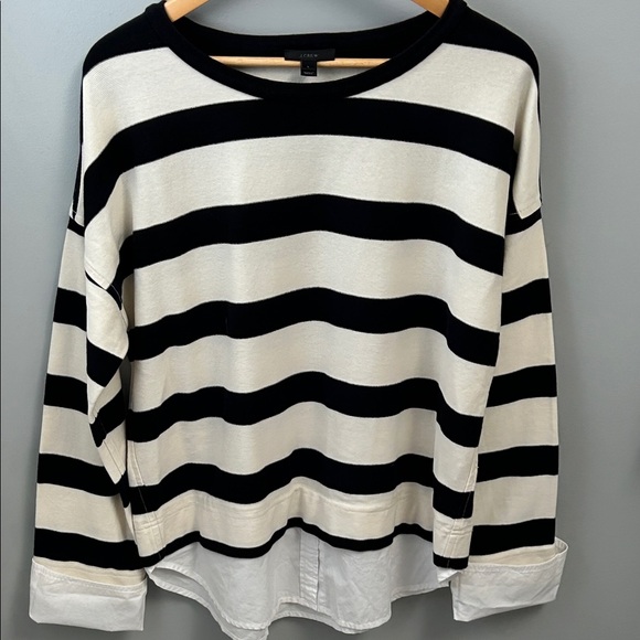 J. Crew Tops - J. Crew Black and Ivory Wide Striped Rugby Shirt with White Shirttail & Cuffs